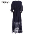 Navy Wrap Belted Dip Hem Midi Sleeve Soiree Midi Chiffon Dress